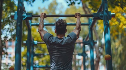 Fototapeta premium Muscular Male Athlete Performing a Pull up Exercise on an Outdoor Park Fitness Station with a Blurred Nature Background of Trees and Greenery
