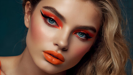 Fototapeta premium This beautiful portrait features a woman with glamorous red makeup, gold glitter, bold lipstick and long eyelashes that exude an aura of confidence, perfect for a special occasion.