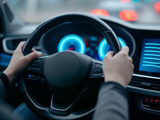 A driver using voice commands in a smart car, techsavvy driving, convenience