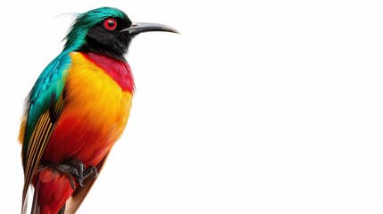 Fototapeta premium Brightly colored tropical bird with a long tail, isolated, simple background, right side text space