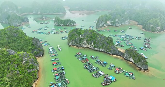 Aerial view of Cai Beo floating village in Lan Ha Bay, South of Ha Long Bay, Vietnam.