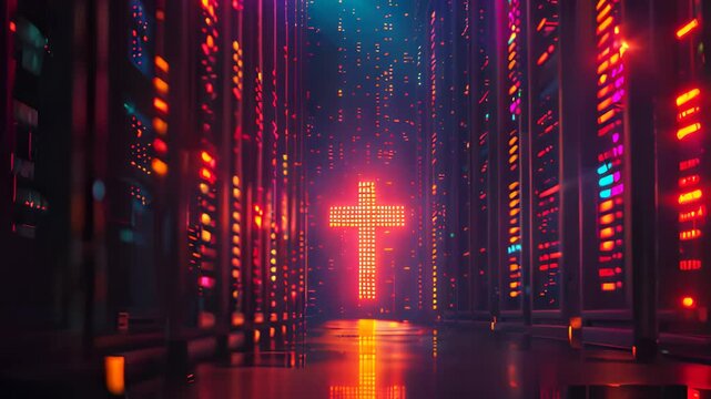 Digital Christian cross god Jesus Christ technological background religion illustration modern computer internet religious shining glowing data science accessible Bible spiritual cyberspace