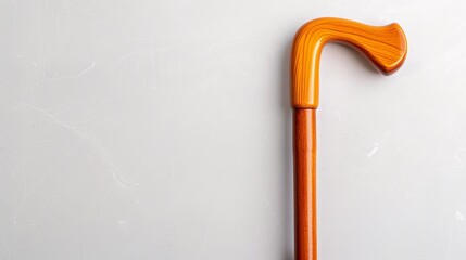 Classic wooden walking cane with polished finish, isolated background, space for copy text