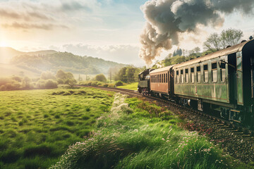 Fototapeta premium A vintage steam train chugs through a lush green meadow, its plume of smoke trailing behind it.