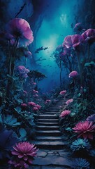 underwater scene with violet lotuses