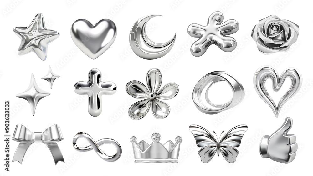 Wall mural 3d chrome icon png element set, transparent background