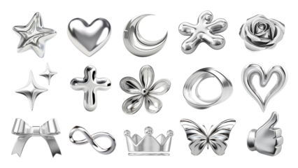 3d chrome icon png element set, transparent background