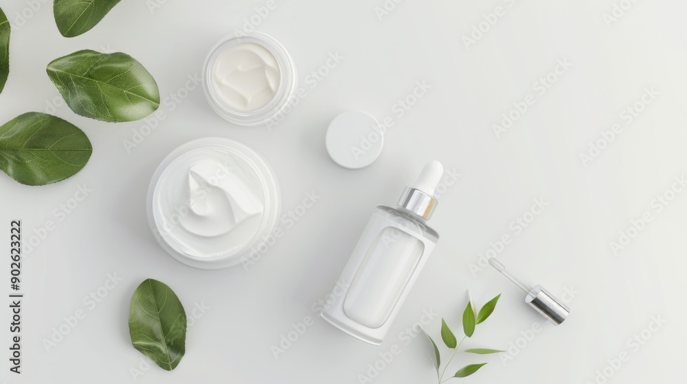 Poster a bottle of lotion sits on a table next to two other bottles. the table is covered with leaves and t
