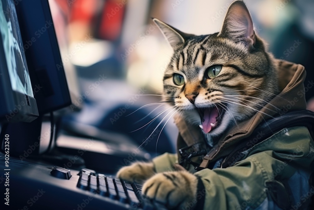 Poster a cat is sitting in front of a computer keyboard and is wearing a green jacket. the cat is making a 