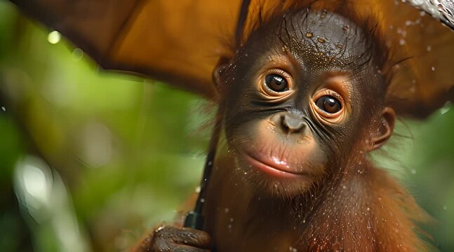 A cute baby orangutan with big eyes smiling under an umbrella in the rain.