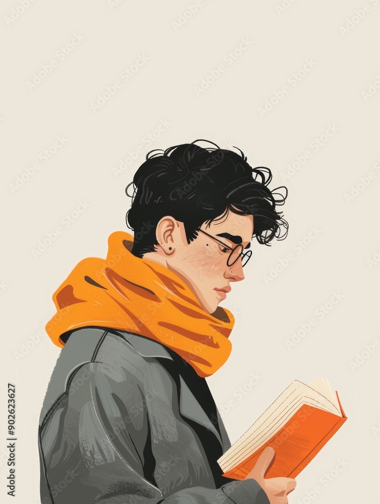 Poster man reading self-help book on simple background for personal growth generative ai