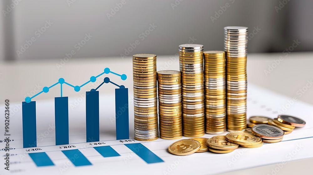 Poster stack of coins with a rising graph symbolizing increasing savings,