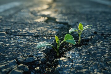 A small plant is growing in a crack in the pavement. The crack is deep and the plant is barely visible. Concept of resilience and hope, as the plant is able to grow in such an unlikely environment
