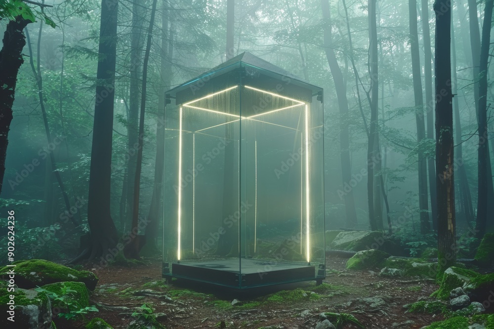 Aufkleber modern cabin with neon lights in forest setting concept of advanced architecture connectivity and mo
