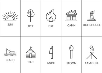 a set of icons including a fire and campfire