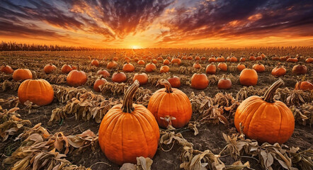 Bright pumpkin patch, abundant with nature's gifts and ready for harvest, sunset, thanksgiving 