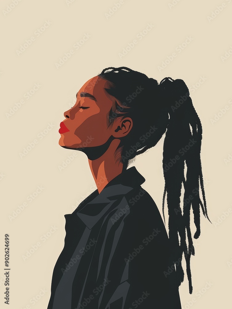 Poster empowered woman with dreadlocks on simple background generative ai