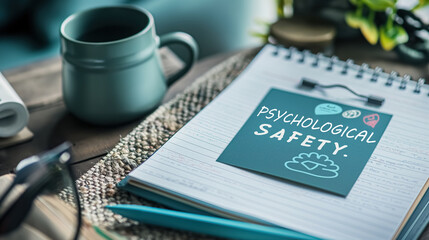 The inscription on the notepad is Psychological Safety. Concepts of psychological safety at work