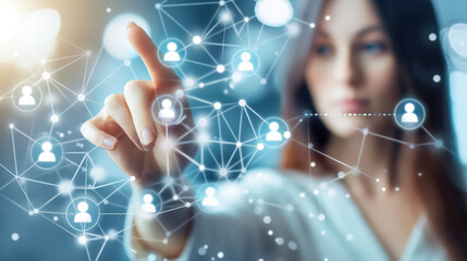 Close up of woman touching social network icons on virtual screen, digital technology concept for business and human resources or customer experience
