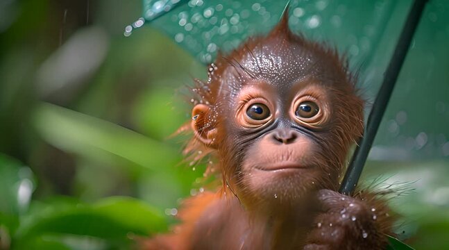 A cute baby orangutan with big eyes smiling under an umbrella in the rain.