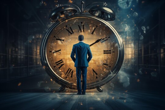 businessman standing in front of clock