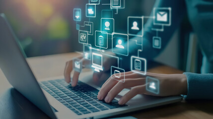 The hand of a businesswoman typing on a lapto. The background is softly blurred to emphasize that it is all happening through a computer display. --ar 16:9 Job ID: 6464bc39-49f3-44d3-8aba-ae8b2e5048d0