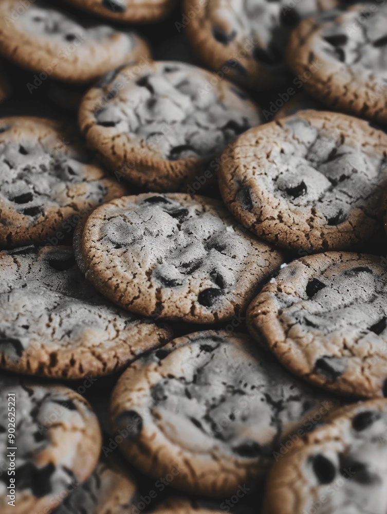 Poster a close up of a pile of chocolate chip cookies. the cookies are all different sizes and are piled on