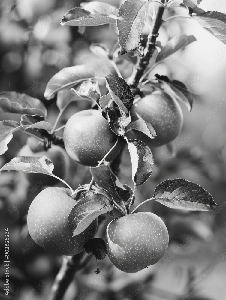 Poster a black and white photo of a tree with five apples hanging from it. the apples are all different siz