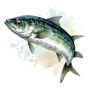 watercolor mackerel fish swimming on white clip art preview
