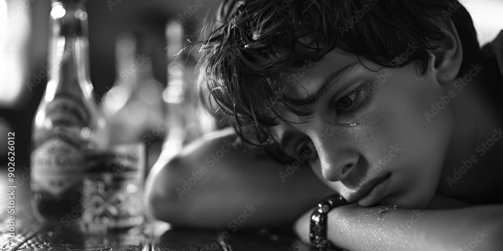 Poster a man is sitting at a bar with a bottle of beer in front of him. he is looking down and he is sad