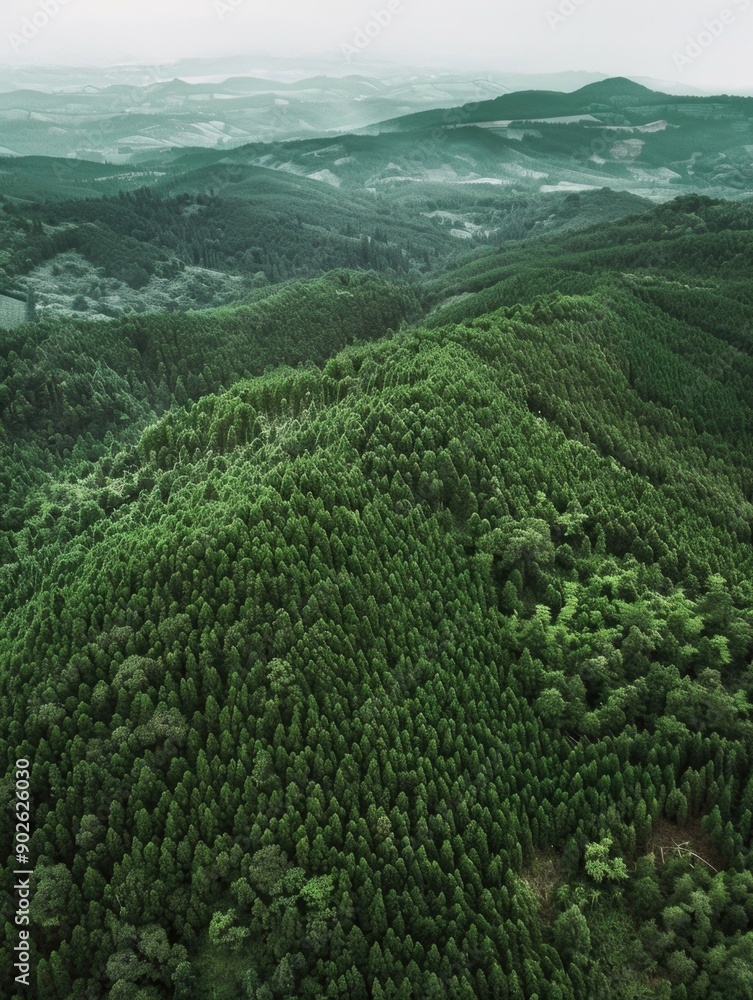 Poster a lush green forest with trees reaching up to the sky. the forest is full of life and he is a peacef