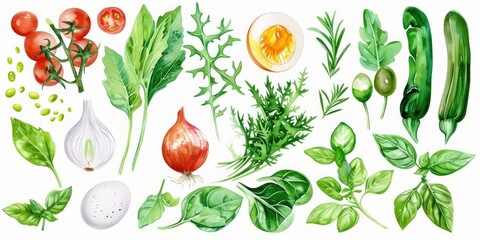 A collection of vegetables and herbs, including tomatoes, onions, and cucumbers. Concept of freshness and health, as the various greens and vegetables are depicted in vibrant colors