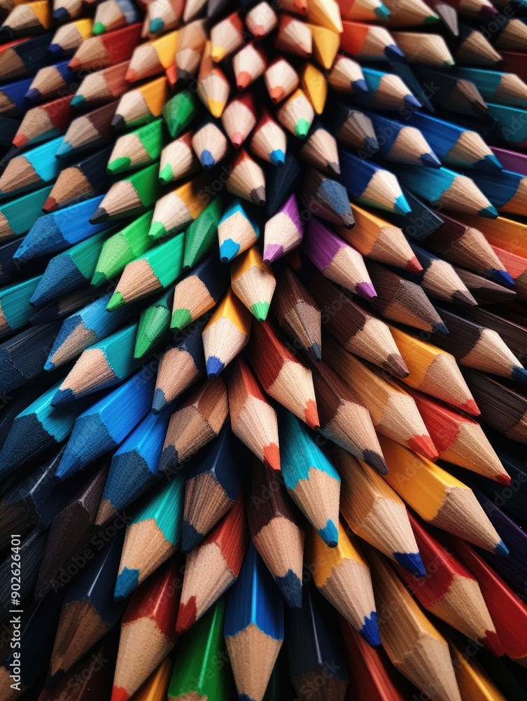 Poster a close up of many colored pencils in a row. the pencils are of different colors and sizes