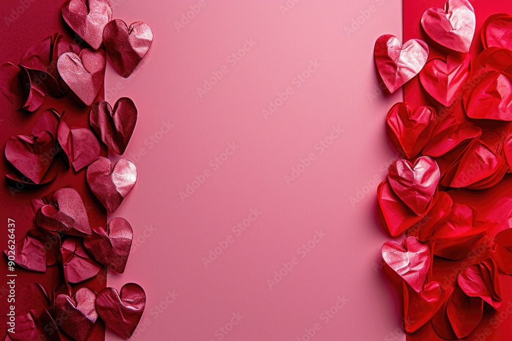 Poster a pink background with a red border and a large number of hearts. the hearts are arranged in a way t