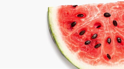 Close-up of a juicy watermelon slice with seeds, isolated on white background, plenty of space for copy text, refreshing and summer-themed