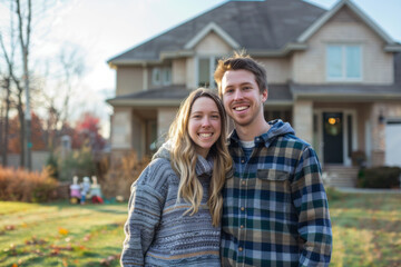 Happy young couple standing in front of their house, embracing and smiling.