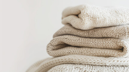 Fresh stack of light pastel beige cotton and linen fabrics, airy freshness concept. Eco detergent ad. Generative AI