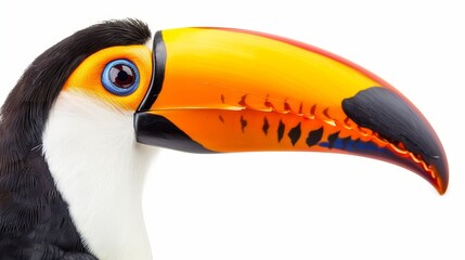 Obraz premium Close-up of a vibrant toucan, showcasing its colorful beak, with isolated white background and space for copy text