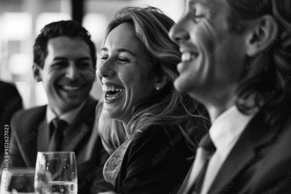 Poster a group of people are laughing and smiling at each other. they are all dressed in business attire an