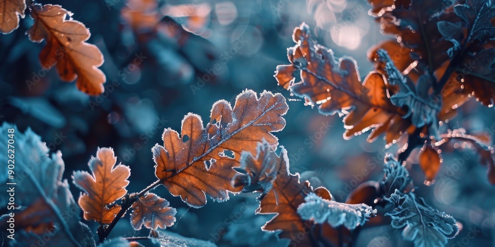 Poster a close up of a leafy tree with a blue background. the leaves are frosted and appear to be in the pr