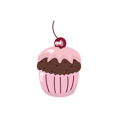 Vector cartoon style clipart of sweet cupcake with cherry. Muffin isolated on white background. Stock vector illustration.
