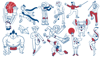 Athletes doodle character png element set, transparent background