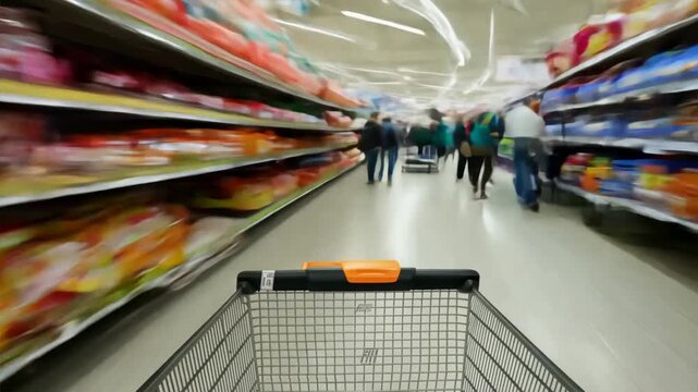Shopper fills colorful cart with back-to-school supplies in busy store