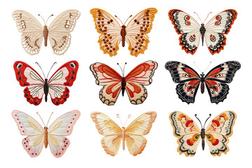 Embroidery butterfly png element set, transparent background