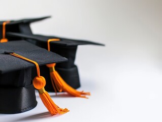 Three black graduation caps with orange tassels. The caps are arranged in a row on a white background