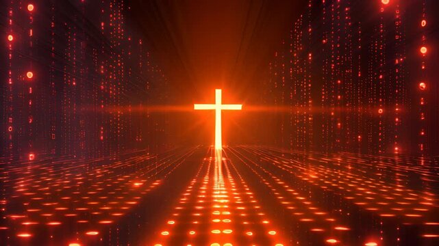 Digital Christian cross god Jesus Christ technological background religion illustration modern computer internet religious shining glowing data science accessible Bible spiritual cyberspace