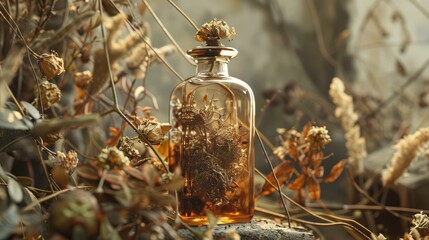 Antique Glass Bottle with Dried Flowers and Twigs