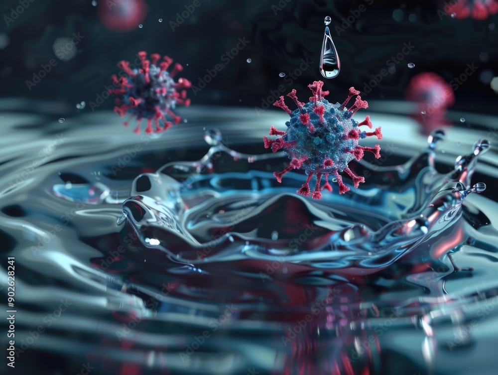 Poster a splash of water with two red and blue viruses floating in it
