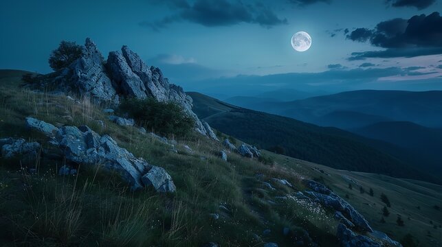 stony structure on a verdant slope. Gorgeous view of Runa Mountain during the summer night under a full moon. Whereabouts Mountains of Carpathian, Ukraine, Generative AI.