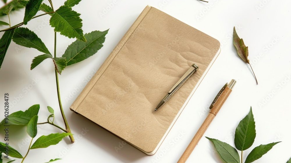Poster a notebook and pen are on a table with leaves on top. the leaves on the table are green and appear t